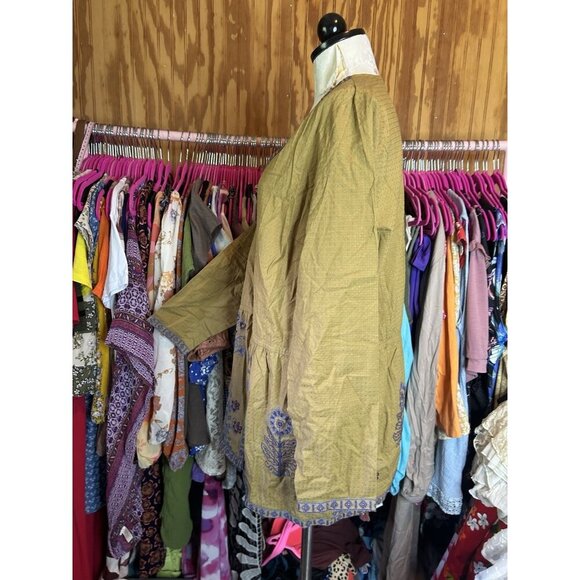 LOGO Lavish by Lori Goldstein Woven Cardigan with Embroidery NWOT Golden Sz M - Picture 6 of 11